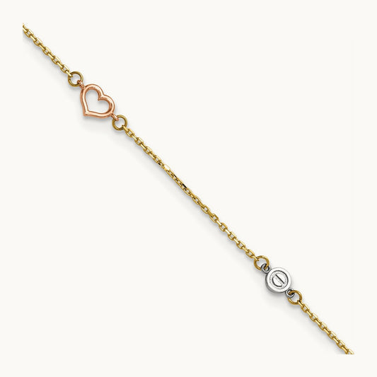 Tri-color Polished 9in Plus 1in ext. Hearts and Circles Anklet, 14K