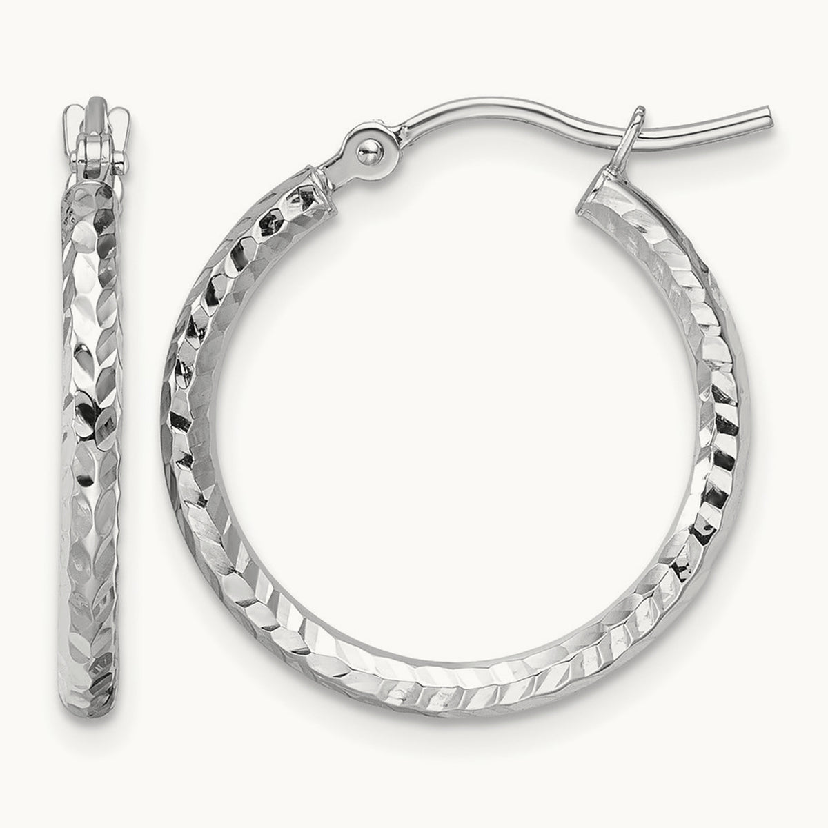 Diamond-cut Round Tube Hoop Earrings — 10K White Gold
