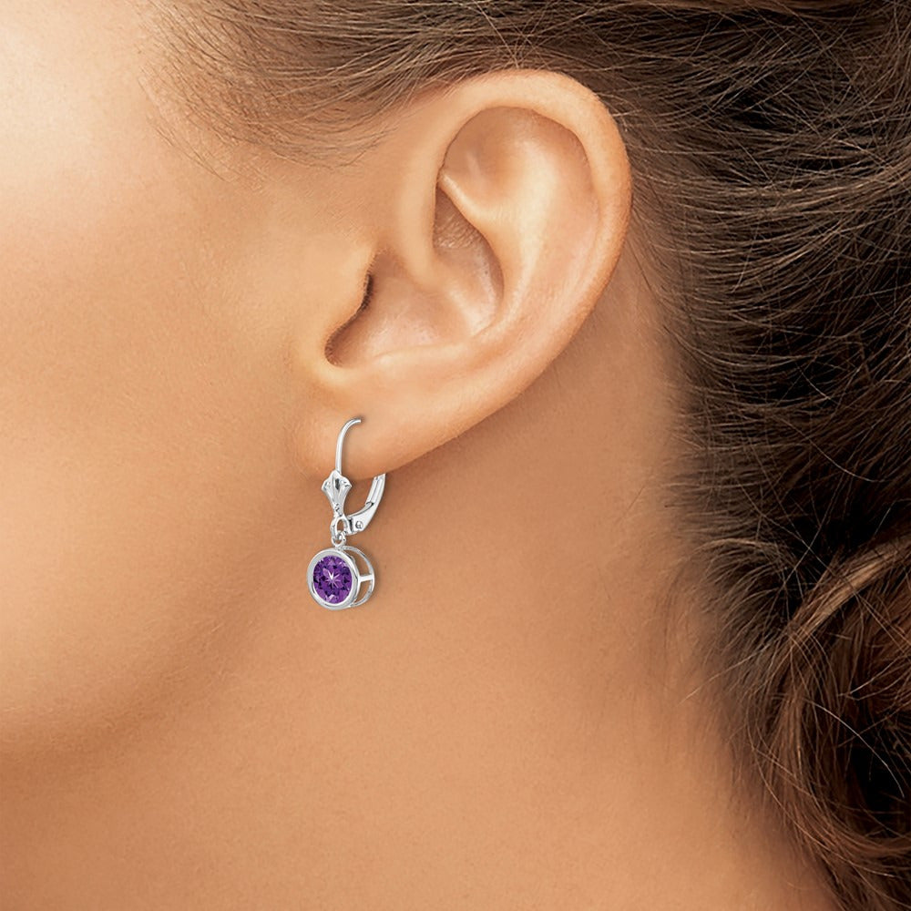 Amethyst Leverback Earrings — 14K White Gold