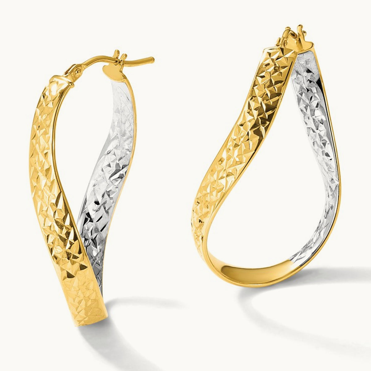 w/Rhodium Polished/Diamond-cut Twist In and Out Hoop Earrings, 14K — Leslie's