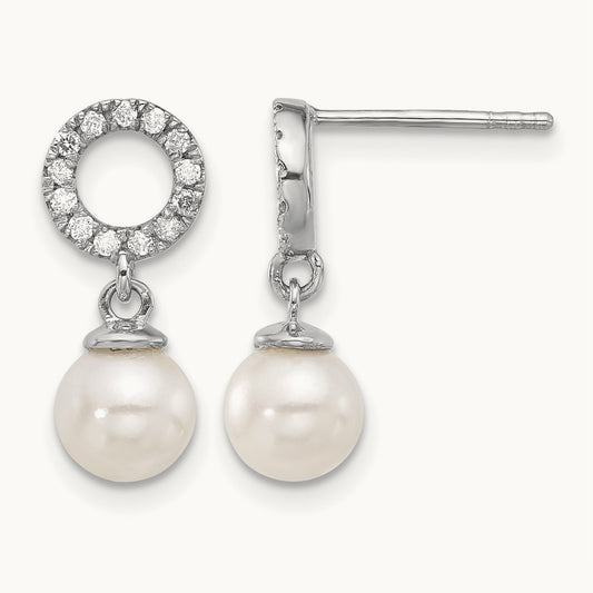 6- Rnd White Akoya Pearl and .20ct Dia Dangle Earrings, 7mm, 14K White Gold