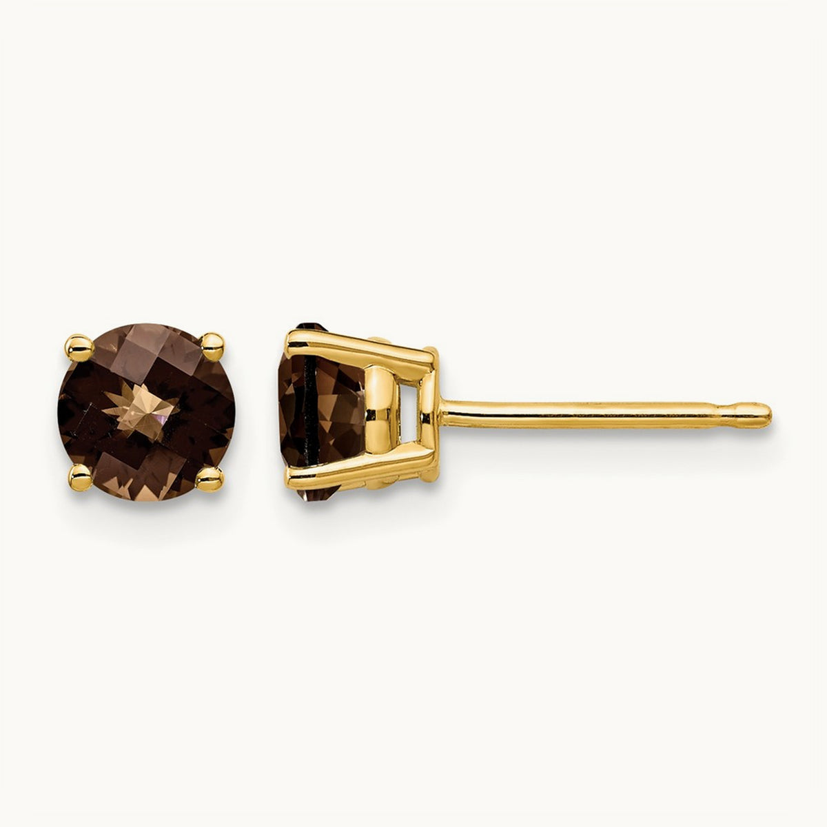 Round Checker-Cut Smoky Quartz Earrings, 5mm, 14K