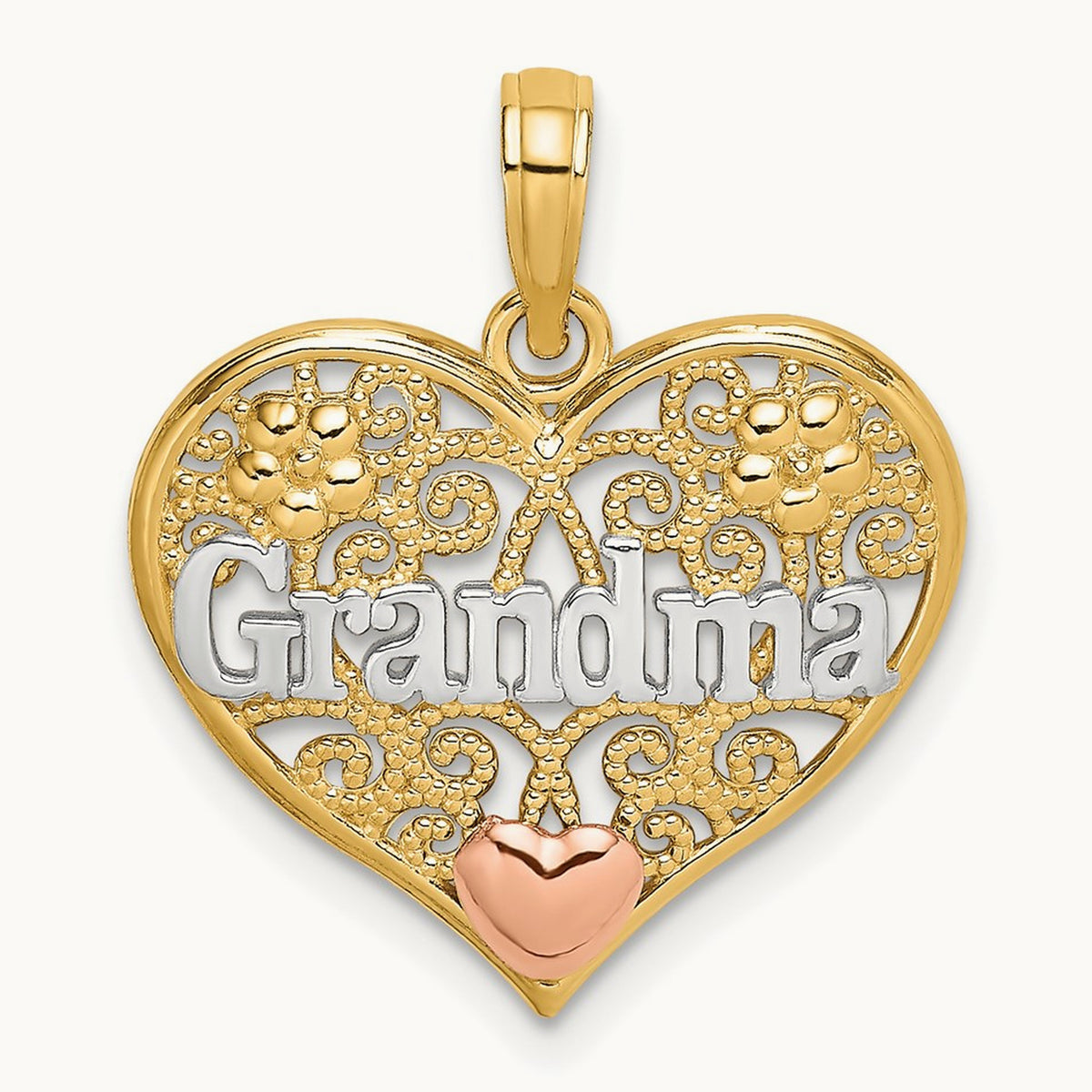 Rhodium GRANDMA In Filigree Heart Charm, 14K Two-tone White