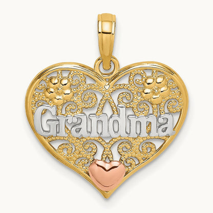 Rhodium GRANDMA In Filigree Heart Charm, 14K Two-tone White