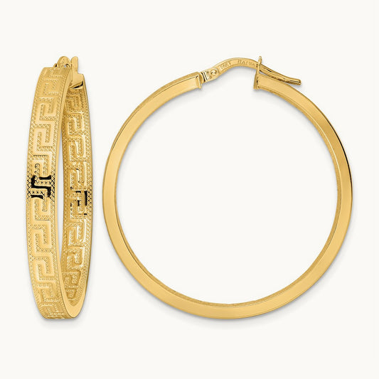 Greek Key Hoop Earrings, 14K