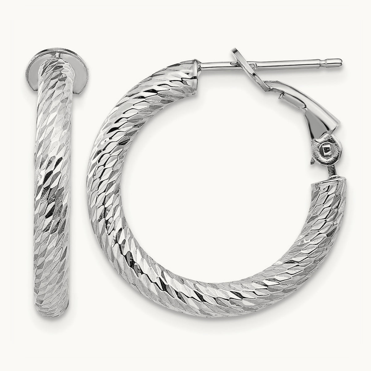 Diamond-cut Round Omega Back Hoop Earrings — 14K White Gold, 3x21mm