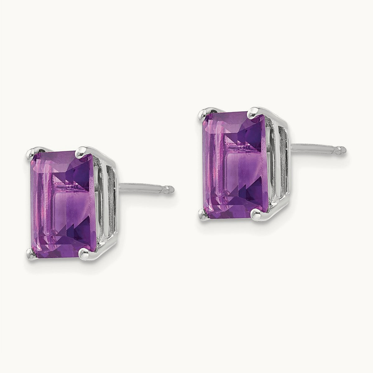 9x7mm Emerald Cut Amethyst Earrings, 14K White Gold