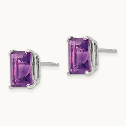9x7mm Emerald Cut Amethyst Earrings, 14K White Gold