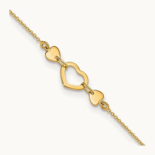 Polished Heart with 10in Plus .75in ext. Anklet, 14K