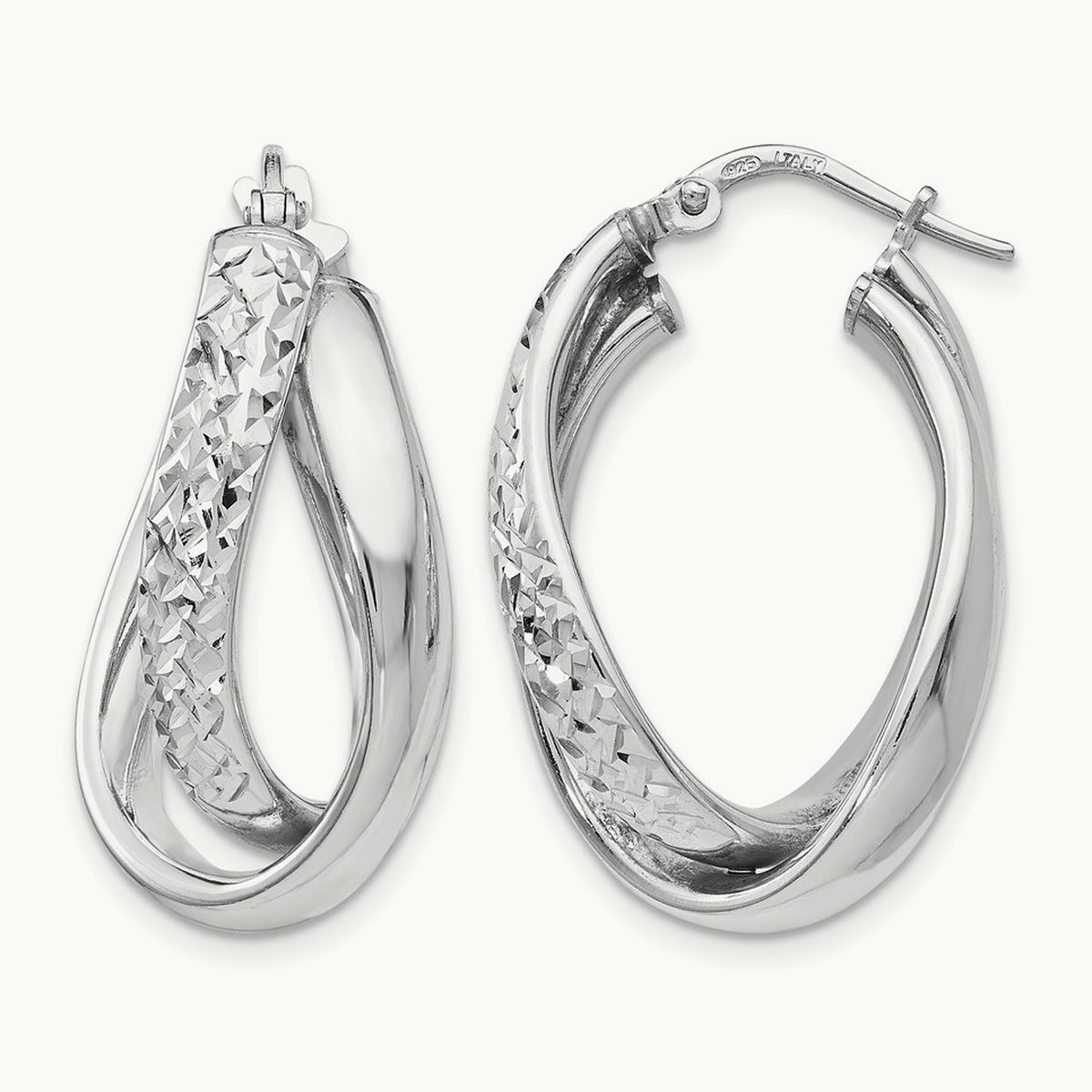 RH-plated Polished / Textured Fancy Hoop Earrings, Sterling Silver — Leslie's