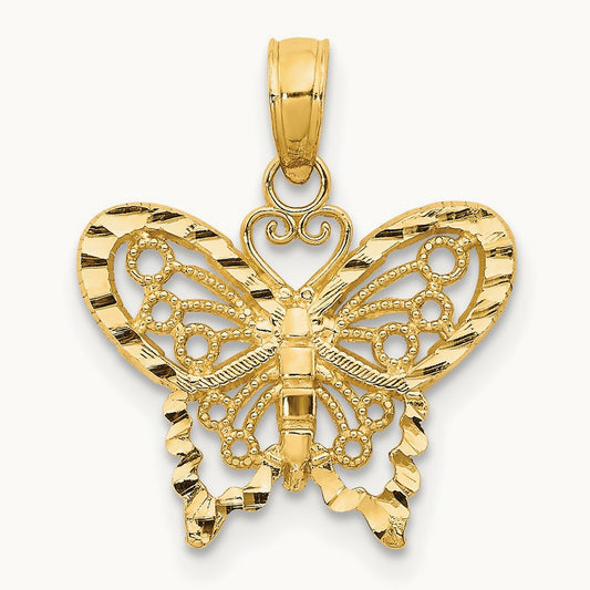 Diamond-cut Butterfly Pendant — 14K Yellow Gold, 19mm