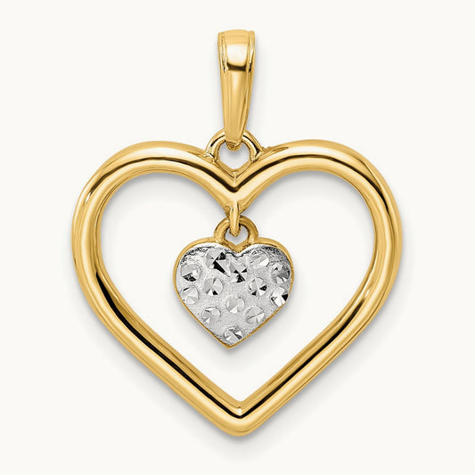 Diamond-cut Heart w/Dangle Heart Pendant, 14K with White Rhodium