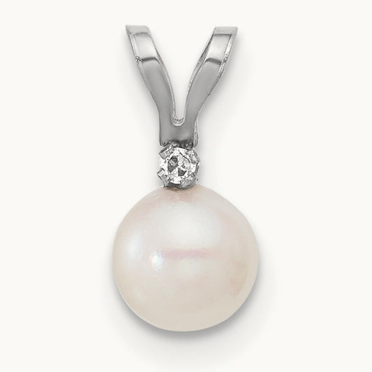 5- White Round Saltwater Akoya Cultured Pearl Diamond Pendant, 6mm, 14K White Gold