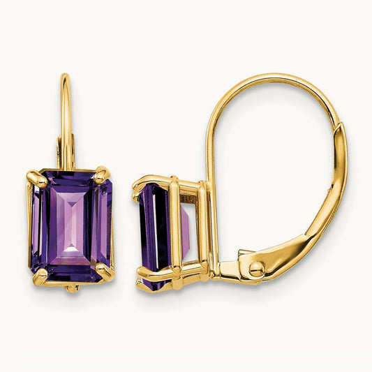 7x5mm Emerald Cut Amethyst Leverback Earrings — 14K Yellow Gold