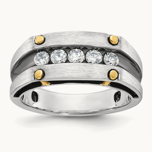 14ktt w/ Blk RH IBGoodman Men's Satin/Grooved 5-Stone Diamond Ring