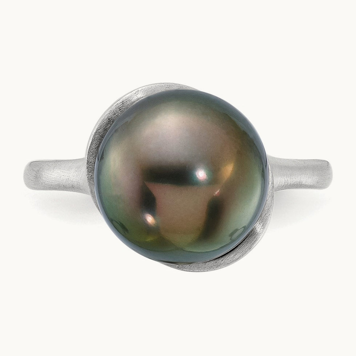 Brushed 10- Round Black Tahitian Pearl Ring, 11mm, 14K White Gold