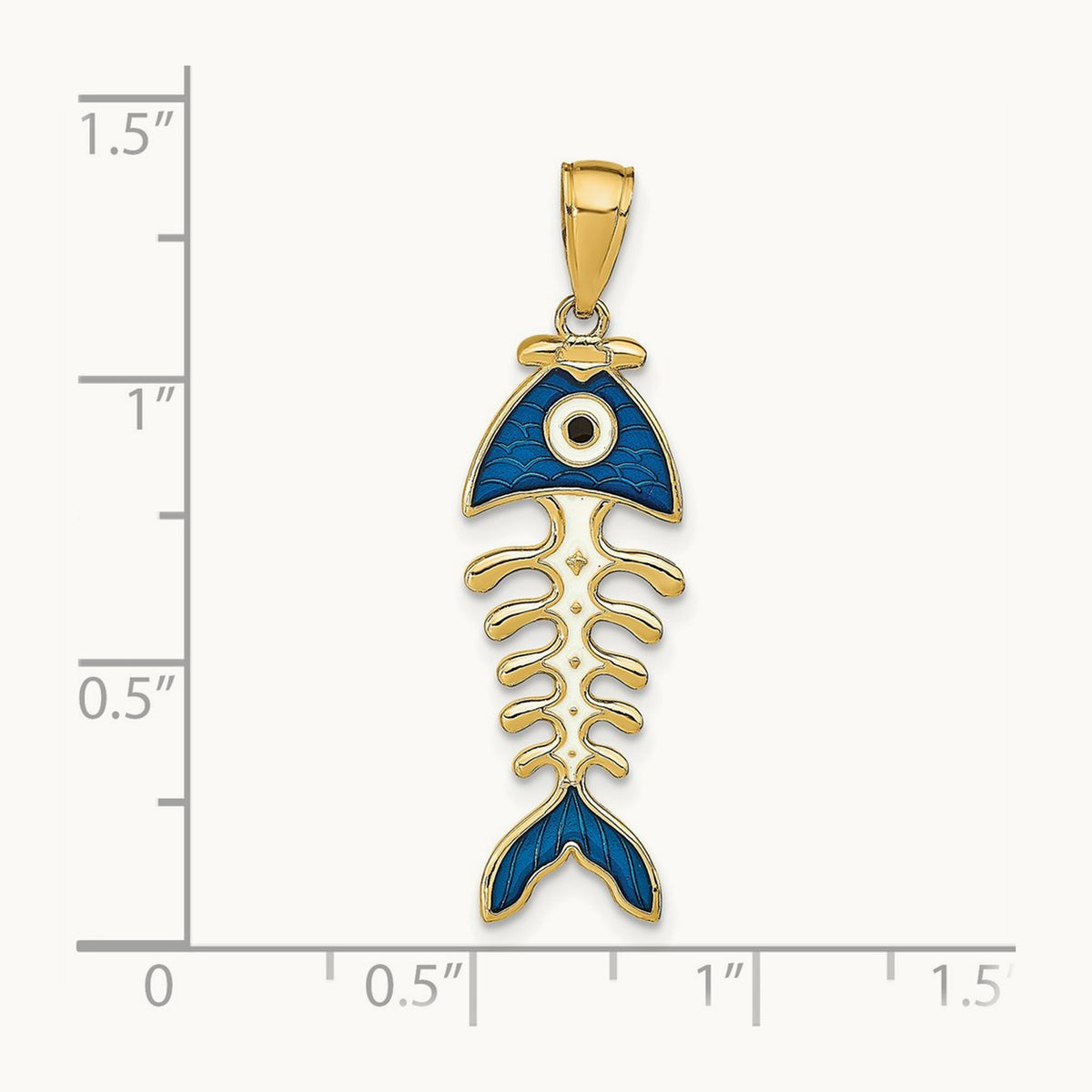3D Blue Enamel Fish Bone Pendant, 14K