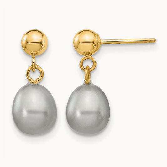 6- Grey Rice Freshwater Cultured Pearl Post Dangle Earrings, 7mm, 14K