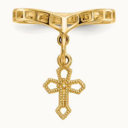 Polished Cross Dangle Charm Ring, 14K