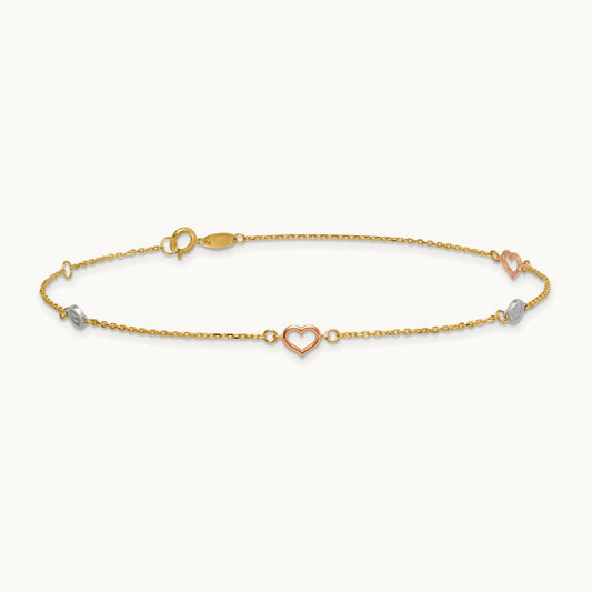 Tri-color Polished 9in Plus 1in ext. Hearts and Circles Anklet, 14K