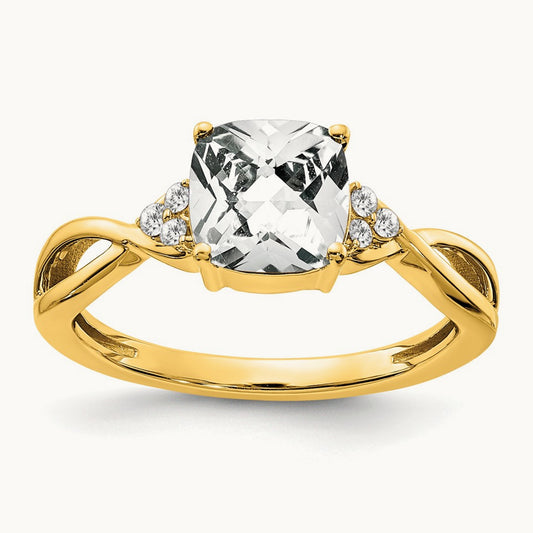 Checkerboard Topaz and Diamond Ring — 14K Yellow Gold, 7