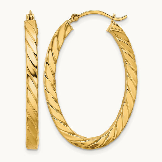 Polished & Twisted Square Tube Oval Hoop Earrings, 3mm, 14K
