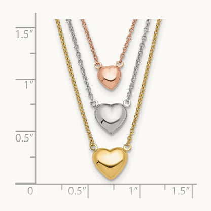Tri-color Three Heart w/ 1in ext. Necklace, 14K