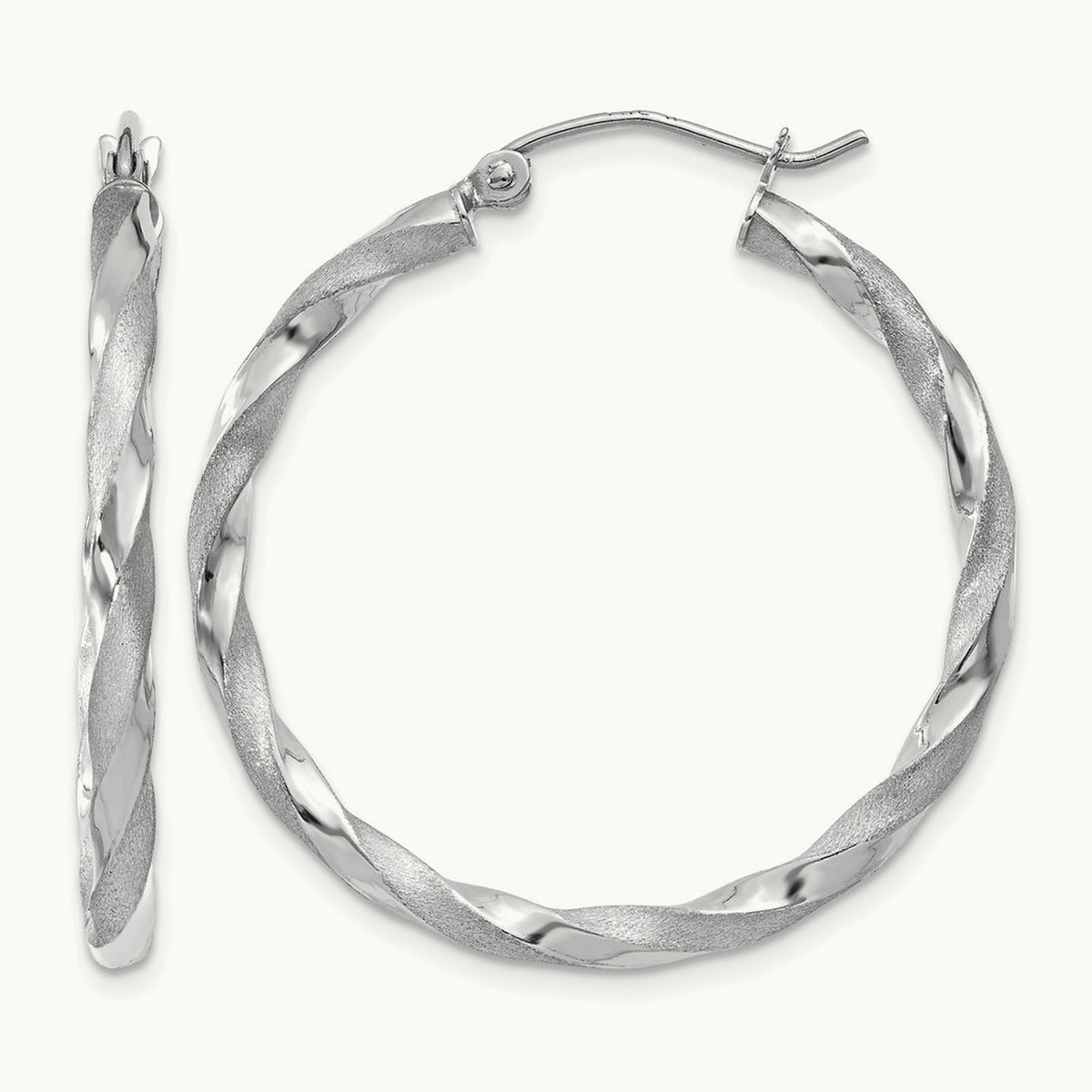 Polished & Satin Twisted Hoop Earrings — 14K White Gold