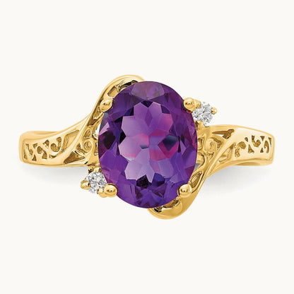 9x7mm Oval Amethyst AA Diamond ring, 14K