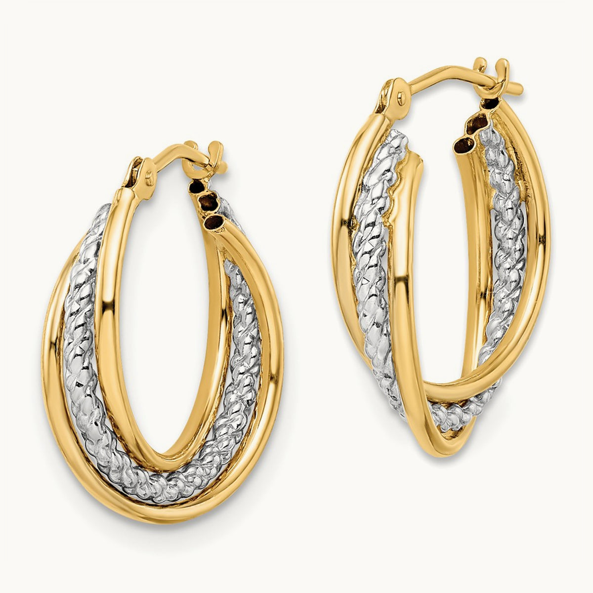 w/ White Rhodium Polished Textured Hoops, 14K