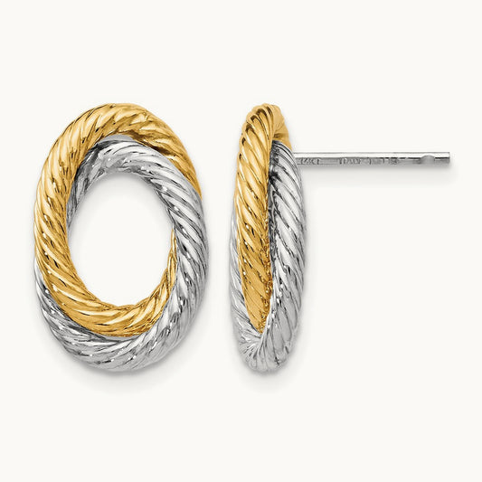 w/ White Rhodium Fancy Twisted Oval Post Earrings, 14K — Leslie's