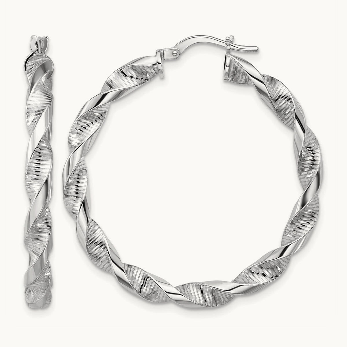 Rhodium-plated Polish/Textured Twist Hoop Earrings — 40mm