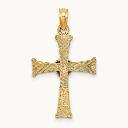 Textured Finish Cross w/ Heart Charm, 14K Two-tone