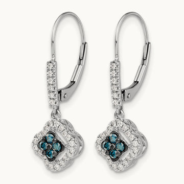 White and Blue Diamond Dangle Leverback Earrings, 14K White Gold