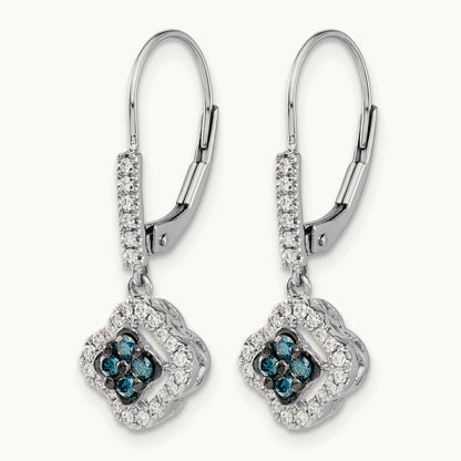 White and Blue Diamond Dangle Leverback Earrings, 14K White Gold
