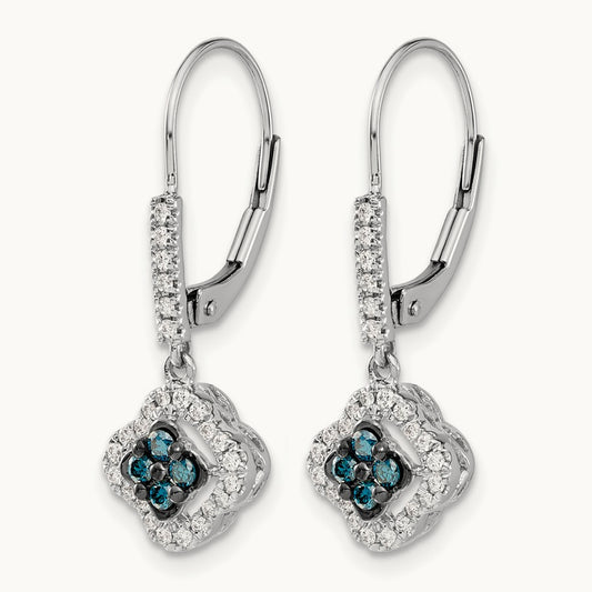White and Blue Diamond Dangle Leverback Earrings, 14K White Gold