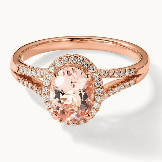 Morganite Diamond Halo Complete Engagement Ring, 14K Rose Gold