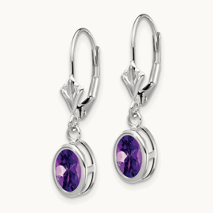 Oval Amethyst Leverback Earrings — 14K White Gold, 26mm, 7x5mm