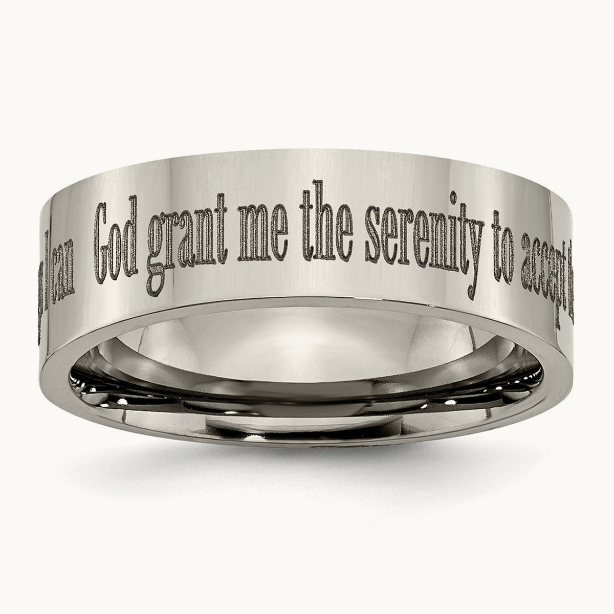 Polished Serenity Prayer Laser Design Flat Band — photo set