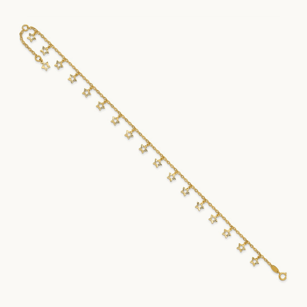 Polished and Textured Star 9in Plus 1in ext. Anklet, 14K