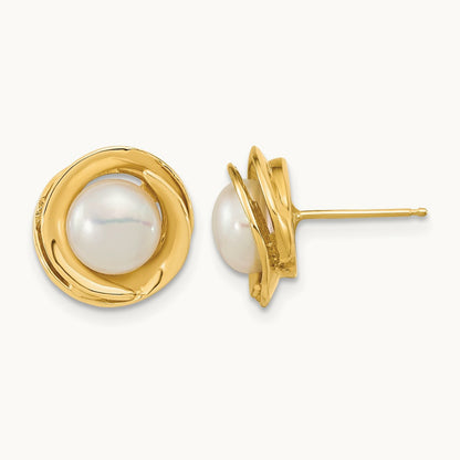 6- White Button Freshwater Cultured Pearl Post Earrings, 7mm, 14K