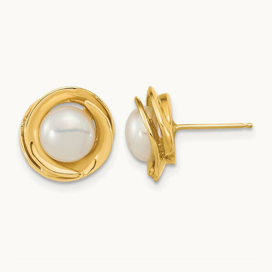 6- White Button Freshwater Cultured Pearl Post Earrings, 7mm, 14K