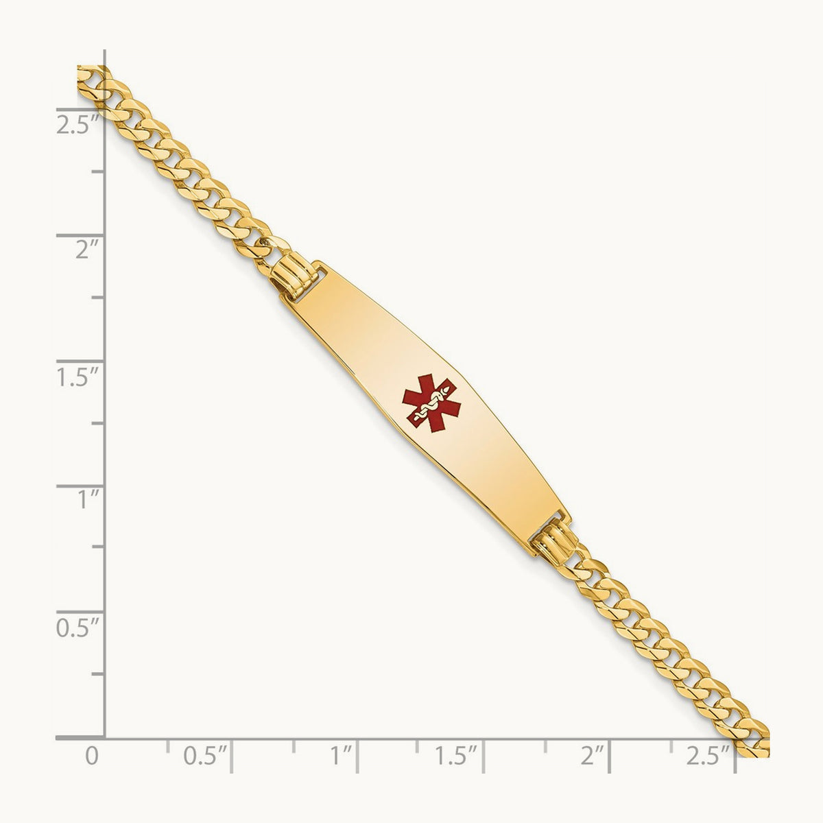 Medical Soft Diamond Shape Red Enamel Flat Curb Link ID Bracelet, 14K