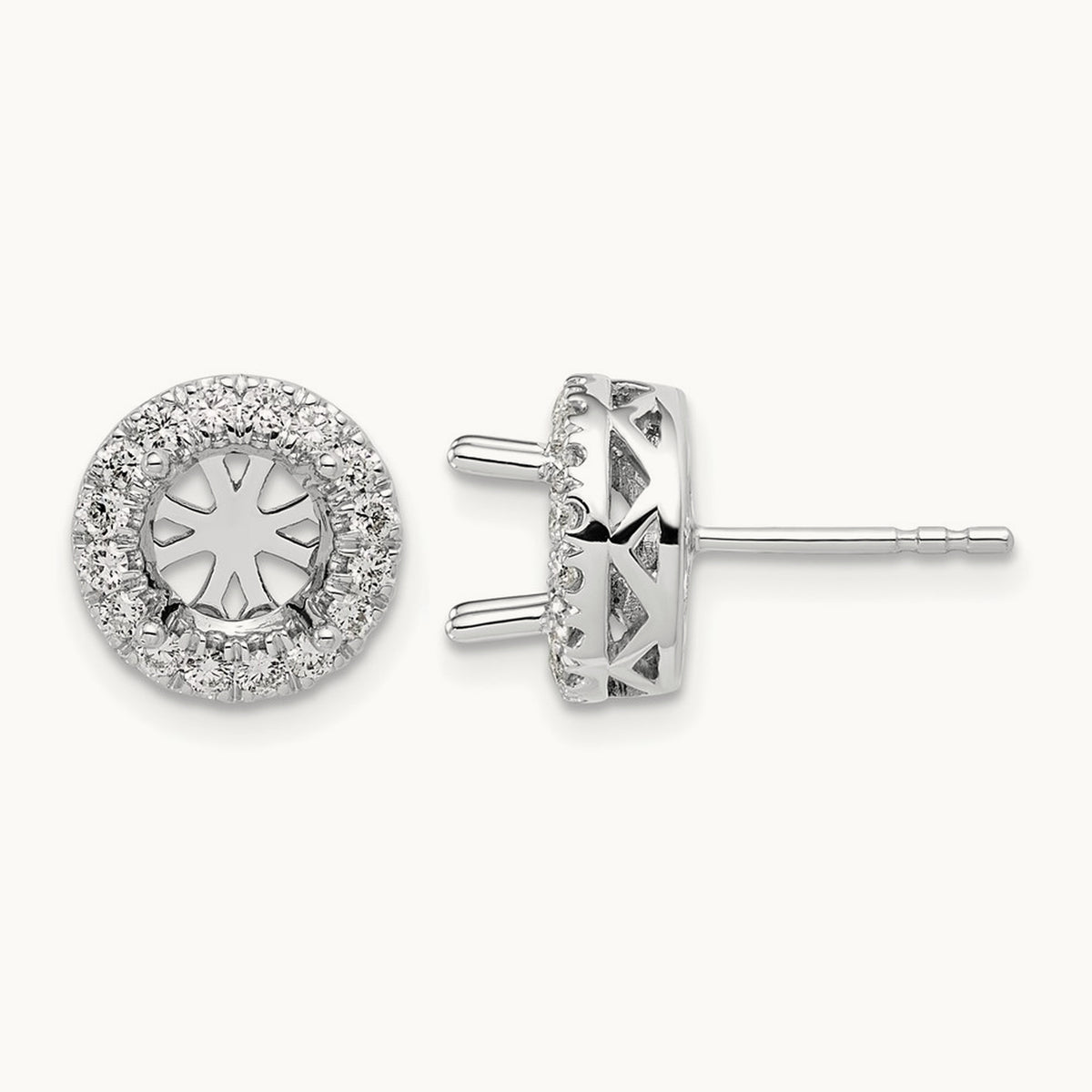 Semi-Mount Round Halo Post Earrings, 0.50 ct tw Lab-Grown Diamond — 14K White Gold