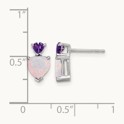 Created Opal and Amethyst Heart Earrings, 14K White Gold