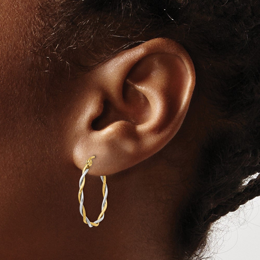Twisted Dual Band Hoop Earrings — 14K Two-Tone Gold, 21mm, 1.8mm