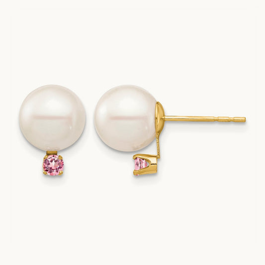 8- White Round Freshwater Cultured Pearl Pink Topaz Post Earrings, 8.5mm, 14K