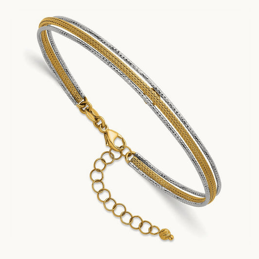 Textured Woven Flexible w/1.25 inch ext Bangle Bracelet, 14K Two-tone