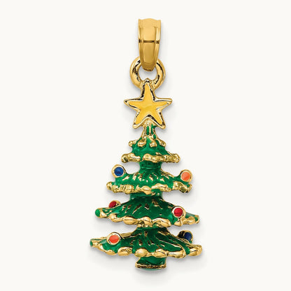 3D Enameled Christmas Tree Pendant, 14K