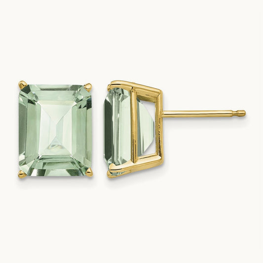 10x8 Emerald-Cut Green Quartz Earrings, 14K